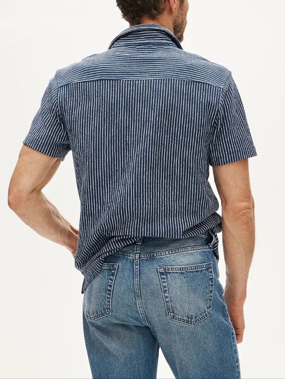 J. Crew Knit Blue Ivory Feeder Stripe Short Sleeve Button-Down Shirt